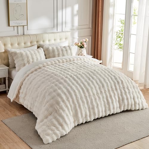 King Size Faux Rabbit Fur Comforter Cover Set Cream White Plush Bedding