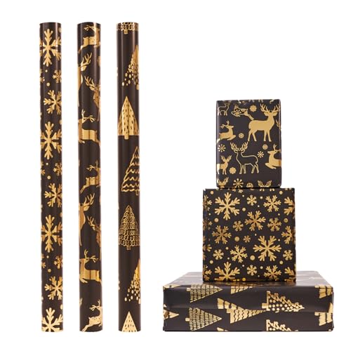 Black Gold Christmas Wrapping Paper Roll Set - 3 Rolls, 17x118 in
