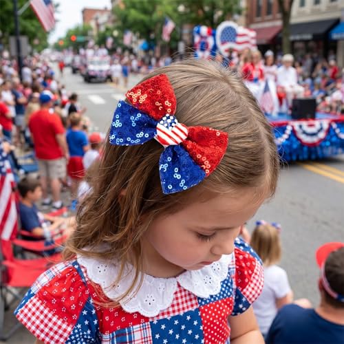 Hmxpls 4th of July Patriotic Hair Bow Clips - Sequin Red White and Blue