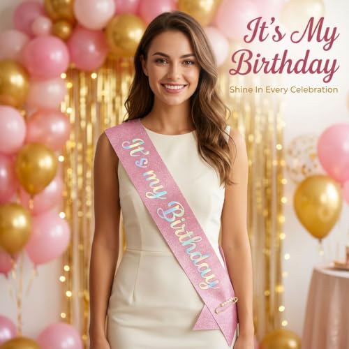 It's My Birthday Pink Glitter Sash with Pearl Pin for Women