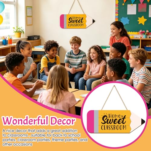 Clothmile Pencil-Shaped Wooden Door Sign - Home Sweet Classroom Decor, 13.8x5.1 Inch, Back to School Wall Hanger, Classroom & Porch Door Decor (Variation: Pencil)