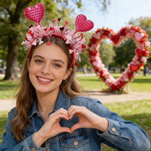 Valentines Pink Heart Headband Plush Sparkly Hair Hoop for Women