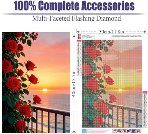 5D Diamond Painting Kit - Red Roses Ocean Sunset, 12x16"