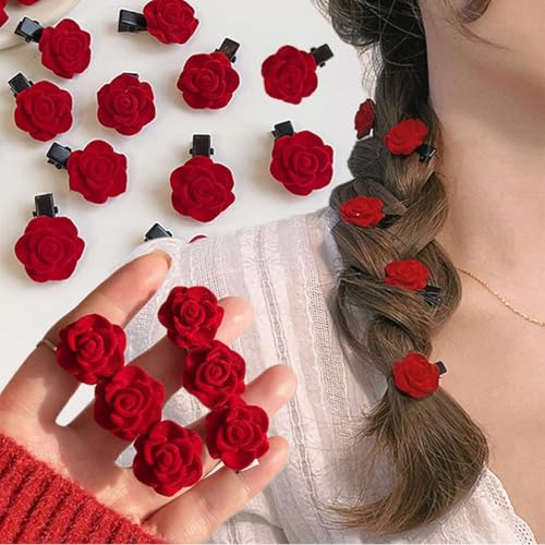 ASVNRES Red Rose Hair Clips 10-Pack Mini Flower Hair Barrettes and Pins