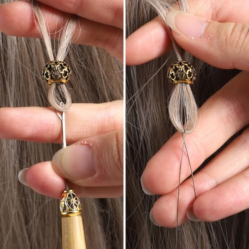4Pcs Hair Extension Loop Tool Kit with Wooden Handle Threading Needles