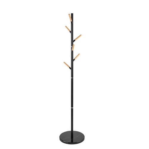 A&M Coat Rack Freestanding with 6 Wooden Hooks & Marble Base - 18 lbs Metal Coat Tree Stand for Hanging Clothes, Hats, Bags, & Jackets - Heavy Duty Purse Rack Stand for Entryway, Bedroom & Office
