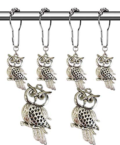 Antique Owl Shower Curtain Hooks - Rust Proof Nickel Rings for Bathroom Decor