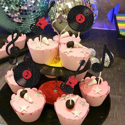 24 PCS Music Notes Cupcake Toppers Design 1 - Glitter Guitar & Vinyl Record Cake Picks