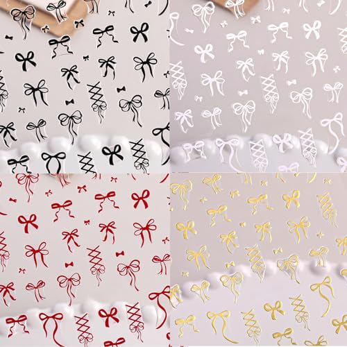 KAHSOSE Bow Nail Art Stickers 4Pcs Self-Adhesive Black White Red Gold