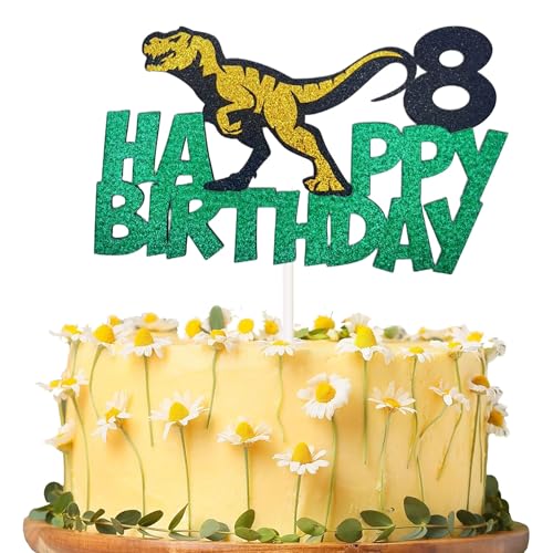 Dinosaur 8th Birthday Cake Topper - Glitter T-Rex Decoration