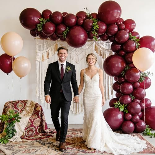 KUULBELA 110pcs Burgundy Red Balloons 12 Inch with Ribbons - Birthday & Party Decorations
