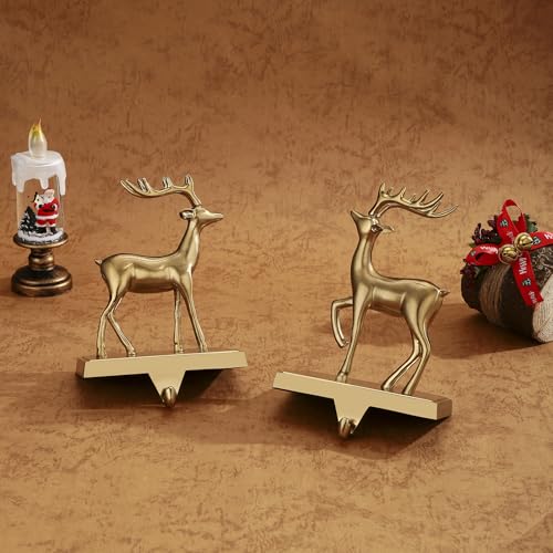 2 Pack Antique Gold Christmas Deer Stocking Holders for Mantle - Heavy Metal Holiday Hooks