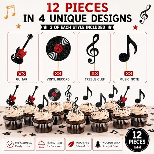 Music Note Cupcake Toppers Set - 12 Glitter Decorations for Parties