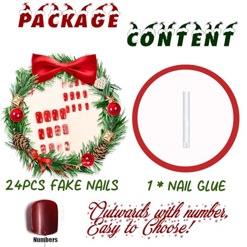 BABALAL Red Christmas Press on Nails Medium Square Gold Glitter False Nails