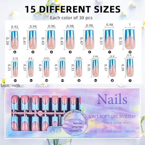 CHANGAR 150Pcs Rainbow Rectangle French Gel Nail Tips, Pre-Applied Base Coat Press On Nails