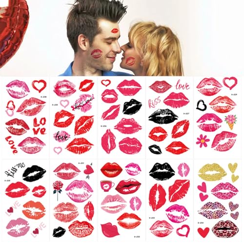 Valentine Lip Temporary Tattoo Stickers - 20 Sheets Heart Designs