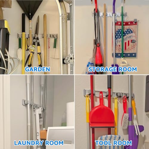 Reliahom 1 Pack Broom Holder Wall Mount with 4 Racks & 5 Hooks - Gray