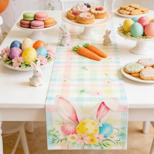 Easter Table Runner 13x72 Inch Pastel Plaid Linen with Bunny Ears and Spring Florals