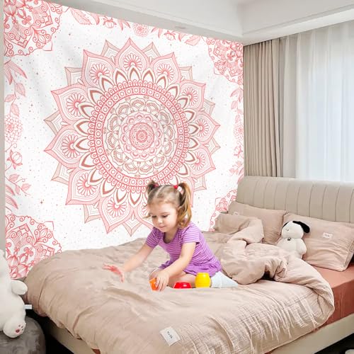 Pink Boho Mandala Wall Tapestry - 60" x 51" Bohemian Floral Decor