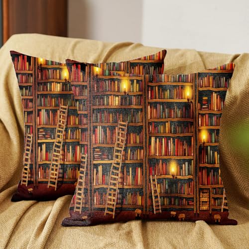 18x18 Inch Linen Throw Pillow Covers Set - Vintage Library Design