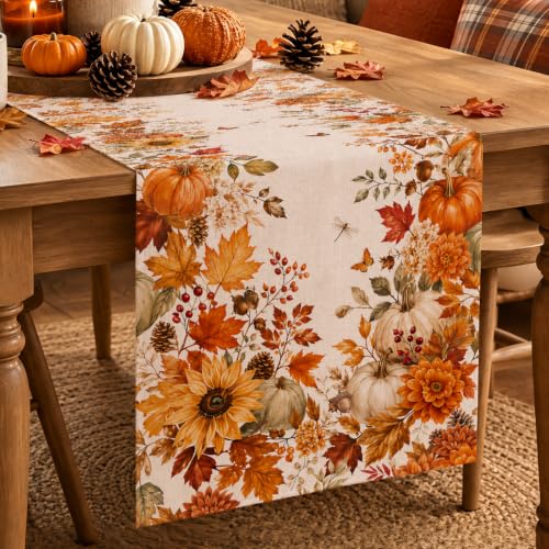 Fall Table Runner 13x72 in - Pumpkin & Maple Autumn Decor