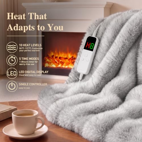 Faux Fur Heated Electric Blanket Full Size White Plush Cozy Throw 68x84"