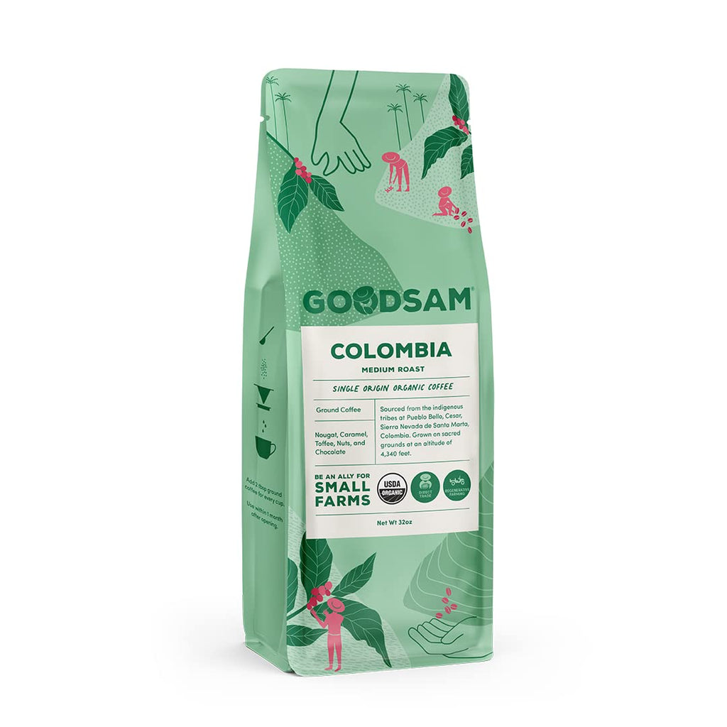 GoodSAM Colombian Medium Roast Organic Ground Coffee — Smooth & Balanced Flavor — Single-Origin Arabica Coffee — 32 oz Bulk Bag