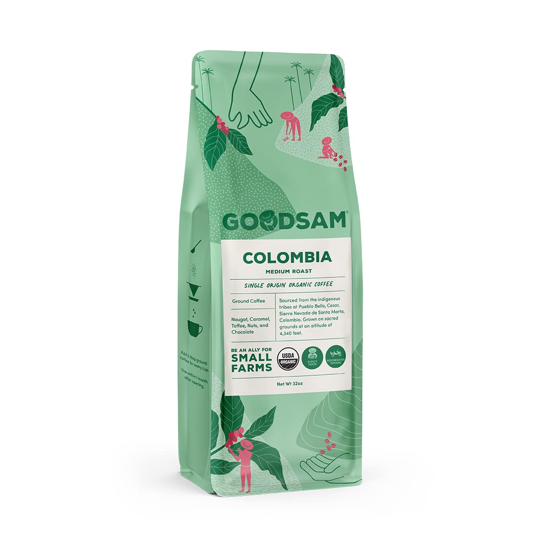 GoodSAM Colombian Medium Roast Organic Ground Coffee — Smooth & Balanced Flavor — Single-Origin Arabica Coffee — 32 oz Bulk Bag