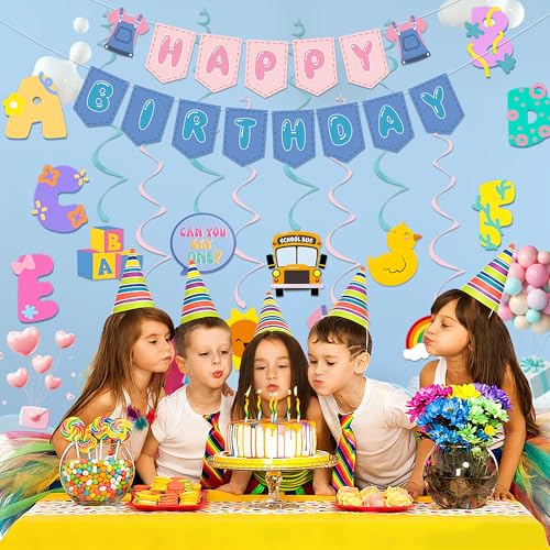 Cartoon Happy Birthday Banner and Hanging Swirls Party Decor Set