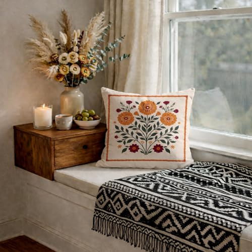 Orange Floral Throw Pillow Cover, 18x18 Boho Botanical Cushion Case