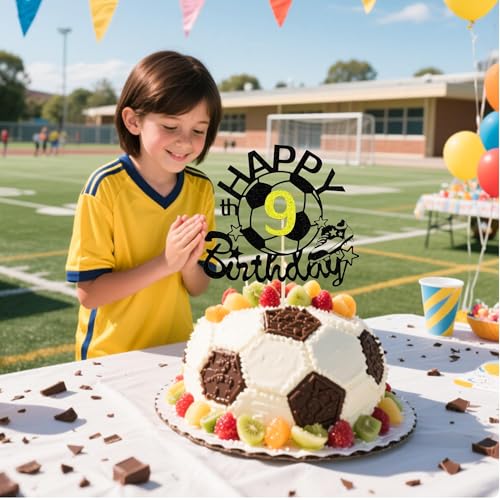 Soccer Ball Cake Topper for 9th Birthday - Black Glitter Decoration