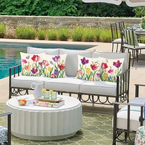 Bonhause Tulip Floral Throw Pillow Covers, 18x18 Inch Set of 4, Spring Decor