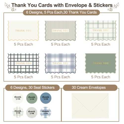 Elegant Thank You Cards Set of 30 with Envelopes & Stickers