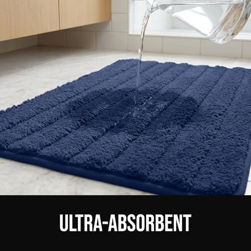 GORILLA GRIP Memory Foam Bath Mat, 24x16 Inch Navy Striped Bathroom Rug