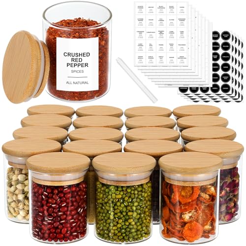 EgticHome 4OZ Glass Spice Jars with Bamboo Lids and 315 Labels, 20 Pcs Clear Food Storage Containers for Kitchen Sugar Salt Coffee Tea Beans