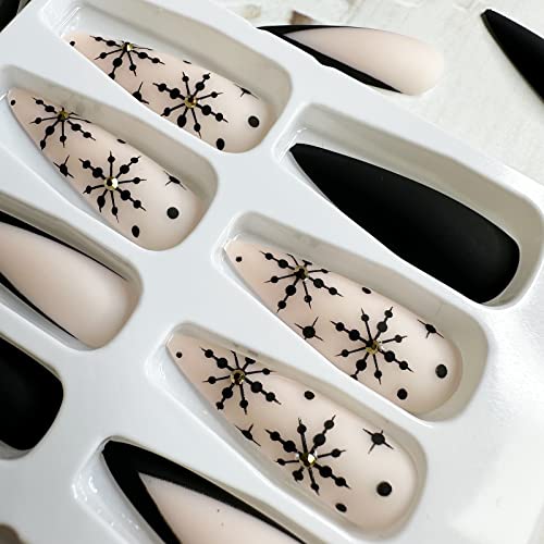 LETSWIN Black Snowflake Almond Press on Nails with Rhinestones 24 Pcs