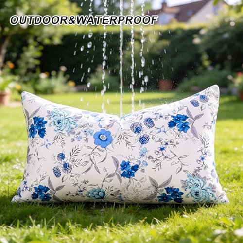 Outdoor Waterproof Lumbar Pillow Covers 12x20 Set of 2 Blue Floral Cushion Shams