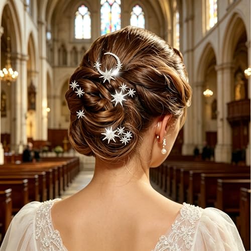 Star and Moon Rhinestone Hair Pins Set - 5 Pcs Silver Bridal Hair Jewelry