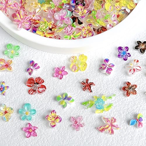 120Pcs 3D Resin Flower Nail Charms Colorful Hibiscus Flatback Floral Gems