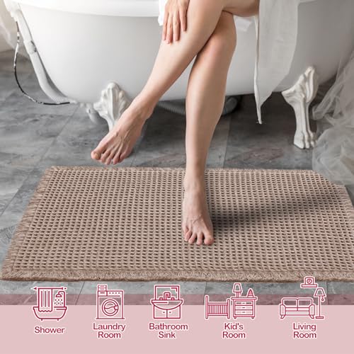 ZALL Brown Waffle Bath Mat 17x24 Inch Non Slip Absorbent Bathroom Rug