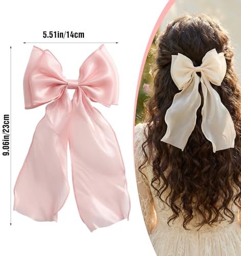 Light Pink Hair Bows with Long Ribbon Tail, 20cm Hair Clips for Women (2PCS)