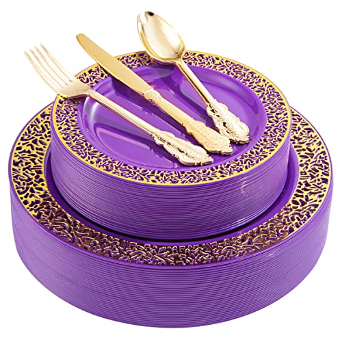 Purple Silver Plastic Dinner Plates with Gold Rim & Silverware Set – 150pcs