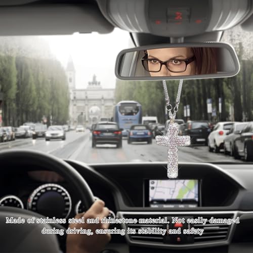 Crystal Rhinestone Cross Pendant for Rearview Mirror - Silver