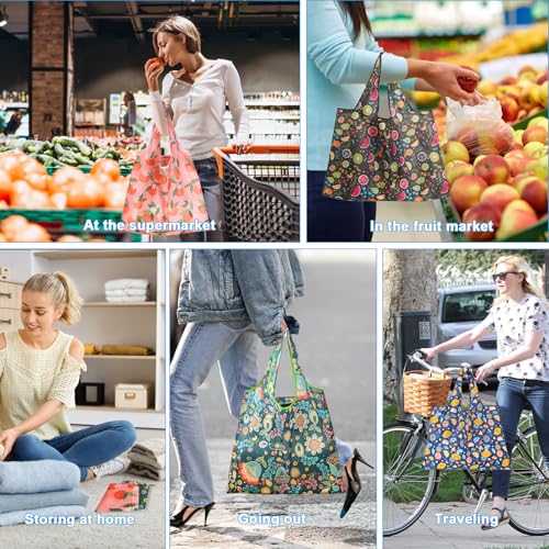 Foldable Reusable Shopping Bags with Fruit Patterns - Travel & Grocery Totes, Pack of 4