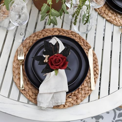 Gothic Napkin Rings Set of 2 with Black Leaves & Red Rose