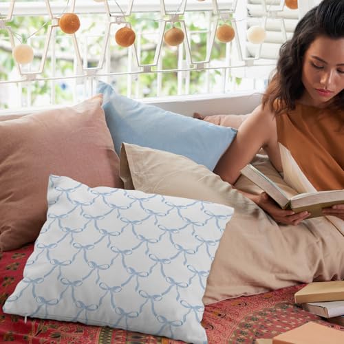 Blue Bow Flannel Throw Pillow Cover 18x18, Coquette Room Decor (Blue 1)