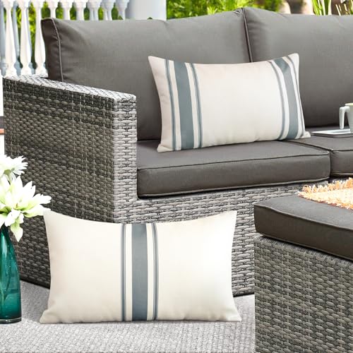 Grey Outdoor Waterproof Pillow Covers 12x20 Inches - Pack of 2 Linen Cushion Cases for Patio Garden & Indoor Decor