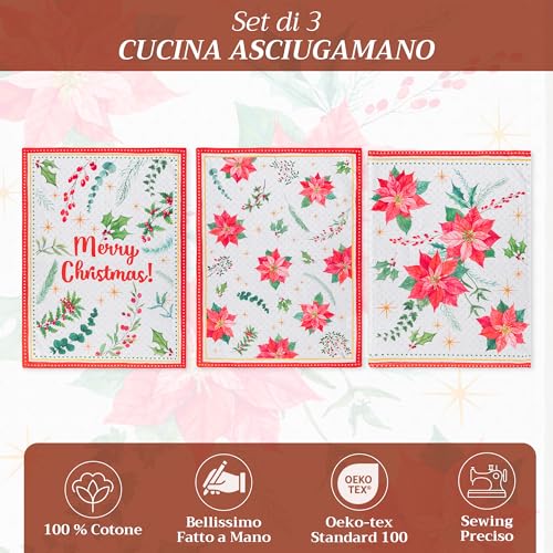 Poinsettia Christmas Kitchen Towels Set of 3 - Watercolor Holiday Decor