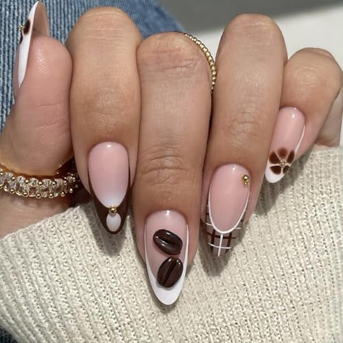 Brown French Tip Almond Press on Nails 3D Coffee Bean False Nails