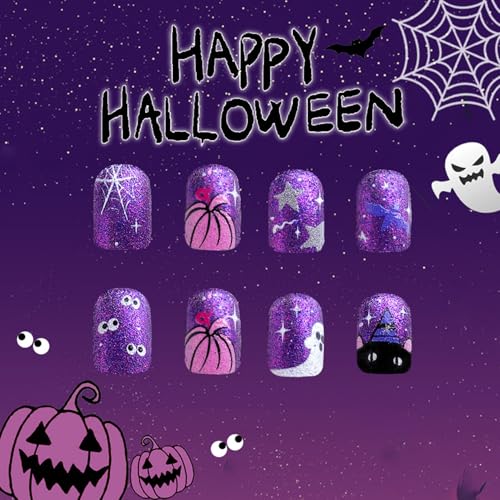 Halloween Press on Nails Short Square False Nails Purple Glitter
